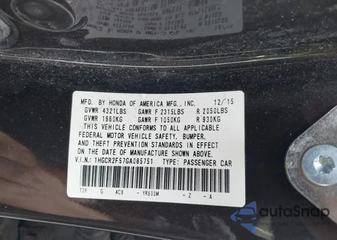 2016 Honda Accord Sport from USA, damaged, VIN 1HGCR2F57GA085751